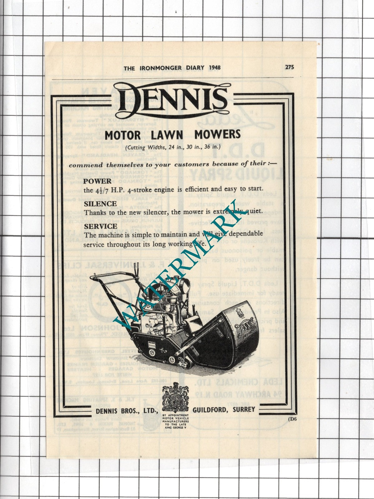 Dennis Lawn Mowers Dennis Bros Ltd Guildford Surrey - 1948 Small Advert