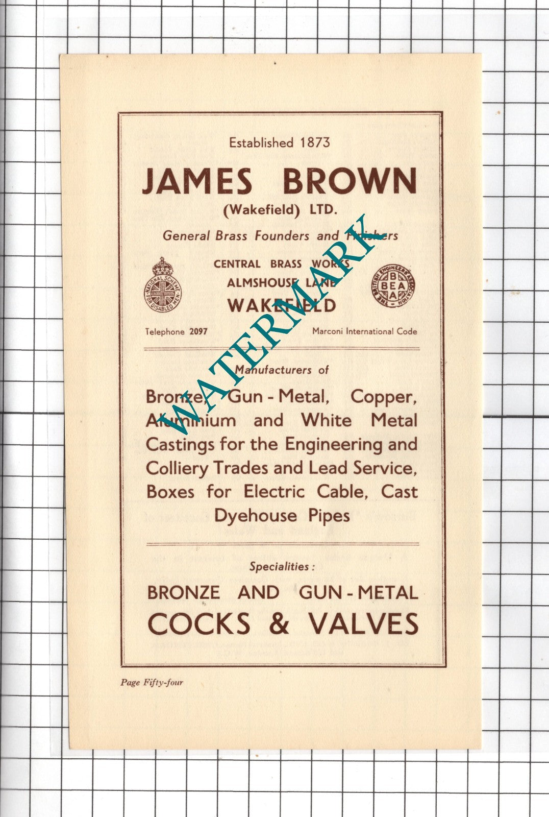 James Brown Wakefield  Ltd Brass Founders  - 1939 Advert