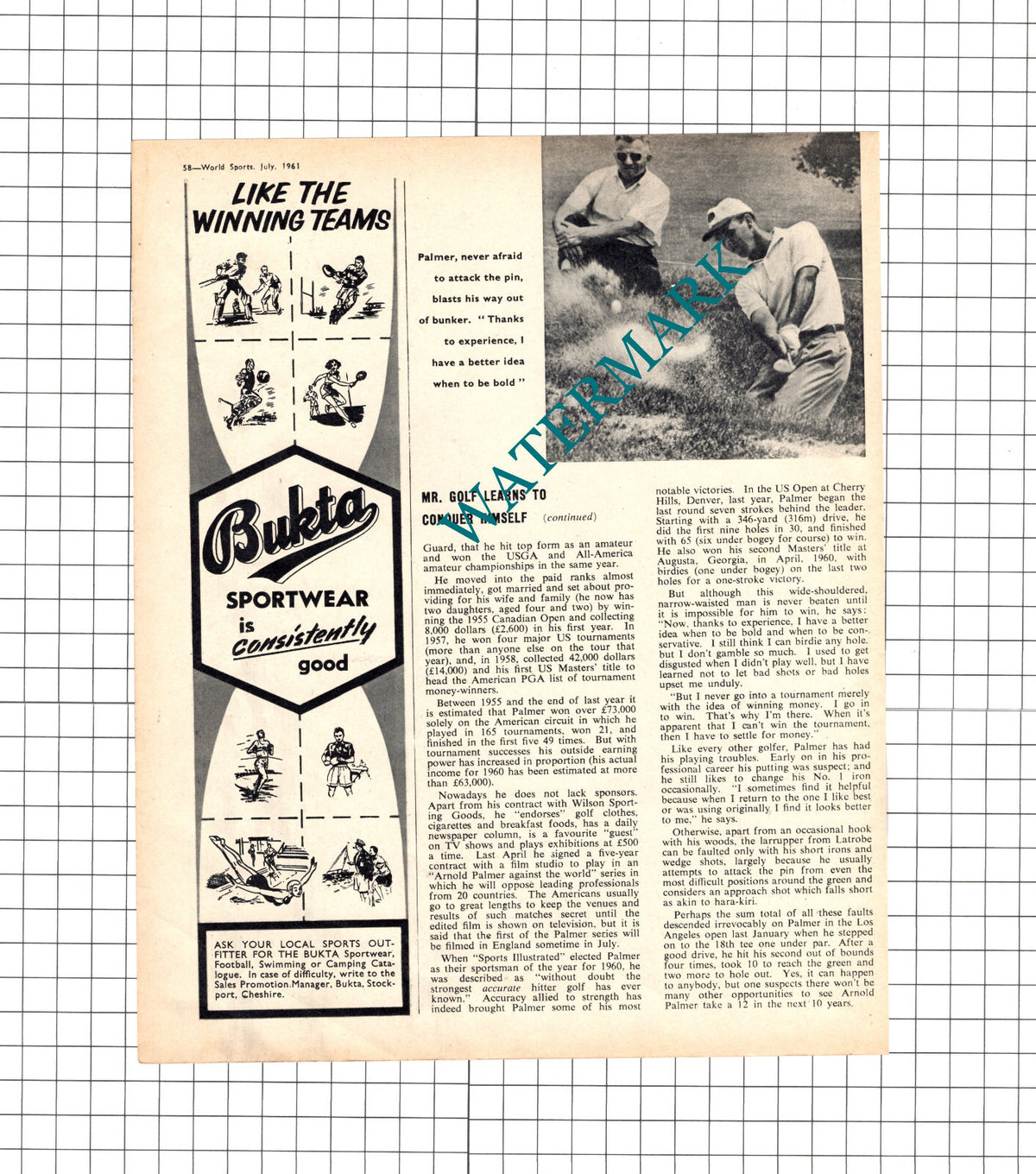 Arnold Palmer Golfer   - 1961 Article / Print