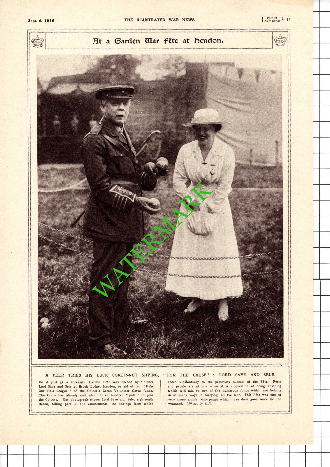 Lord Saye and Sele Brook Lodge Hendon WW1 - 1916 Cutting / Print