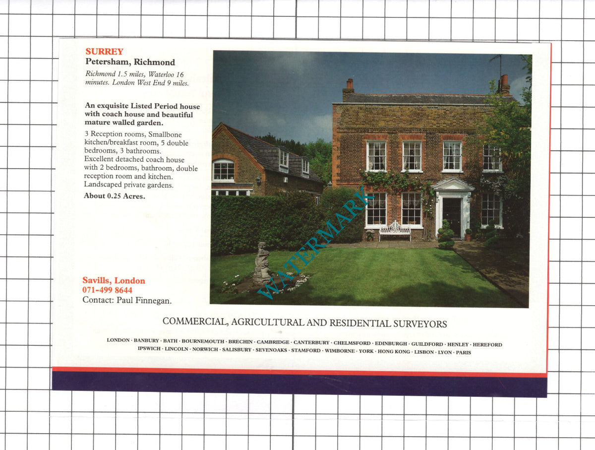 Petersham Richmond Surrey House Sale Advert - 1991 Clipping / Print