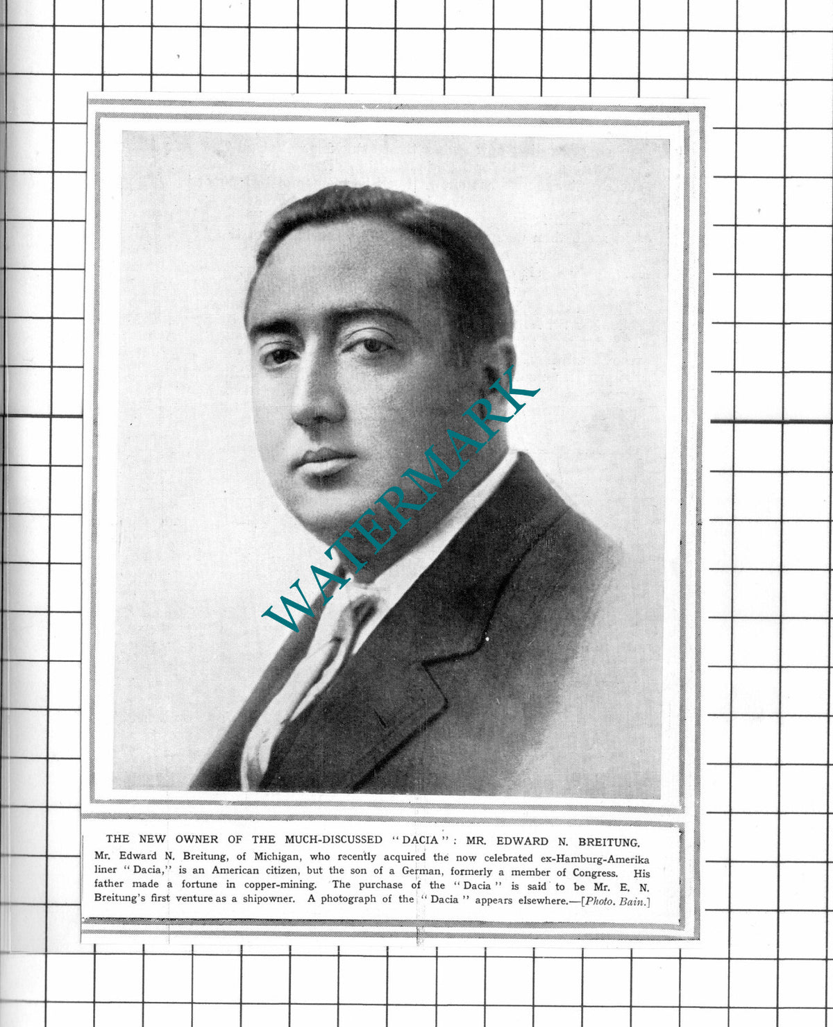 Mr Edward N Breitung Michigan  Dacia Ship   - c.1915 Clipping / Print