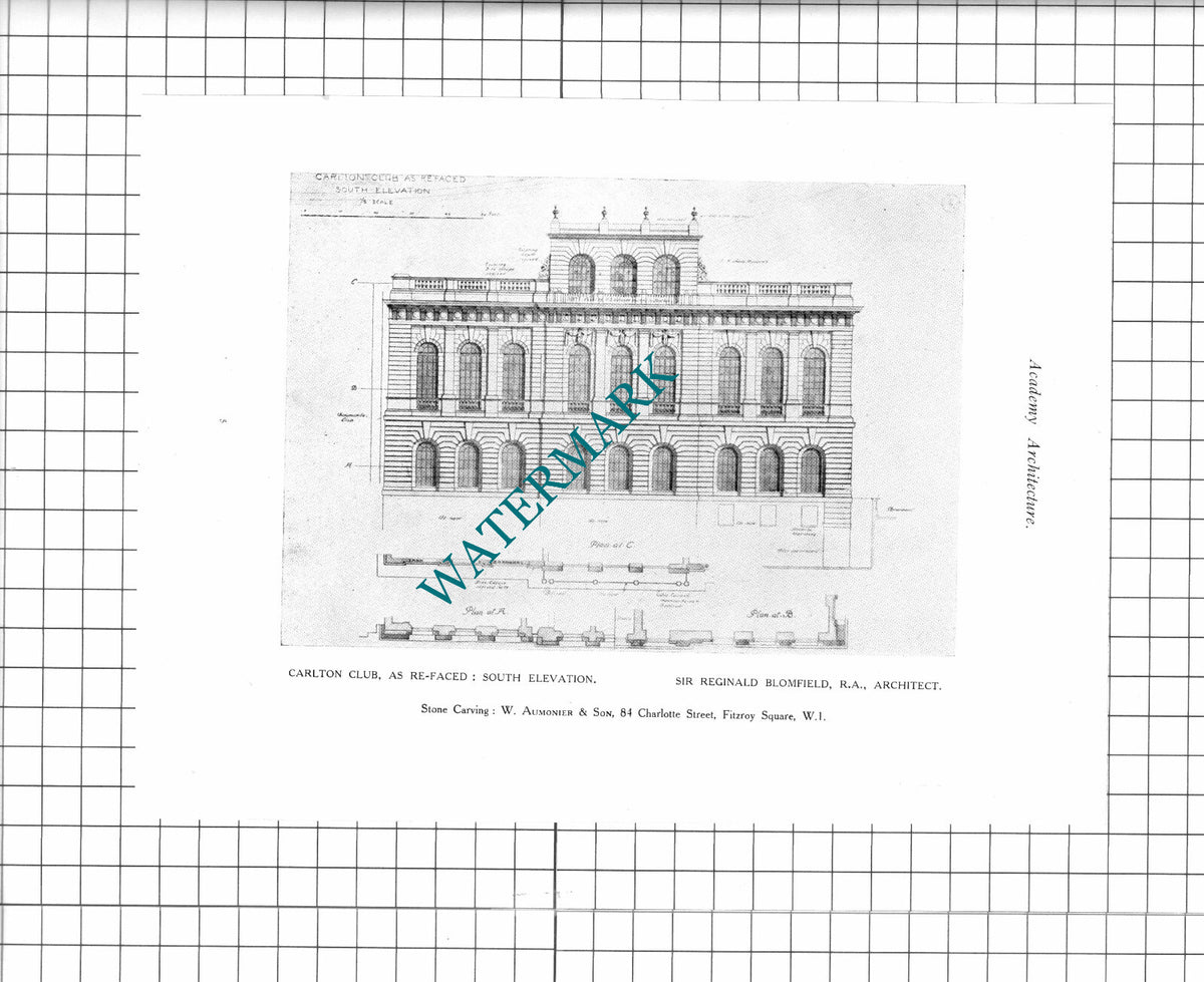 The Carlton Club London Blomfield Architect - 1923 Book Prints