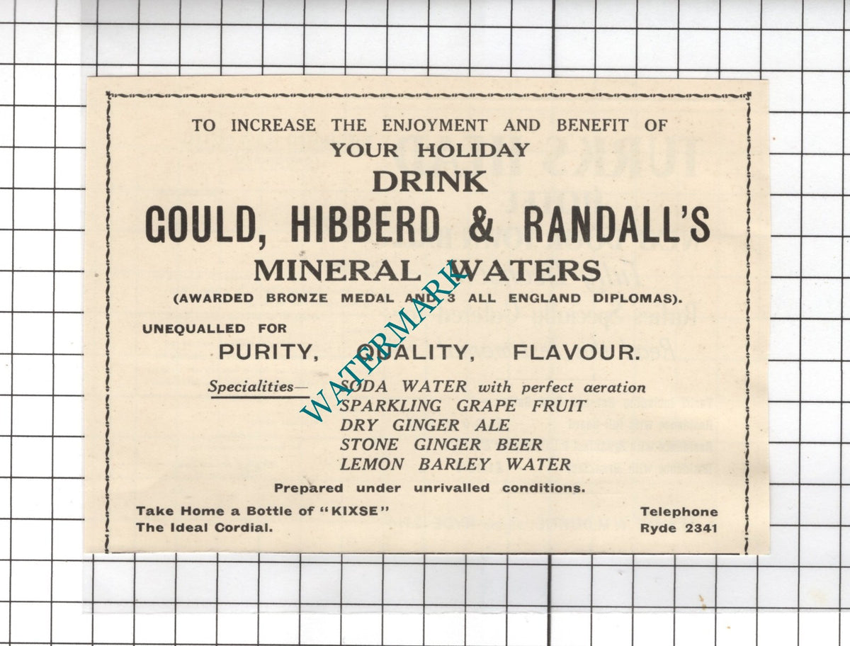 Gould Hibberd & Randall's Mineral Waters Ryde Isle Of Wight - 1938 Small Advert