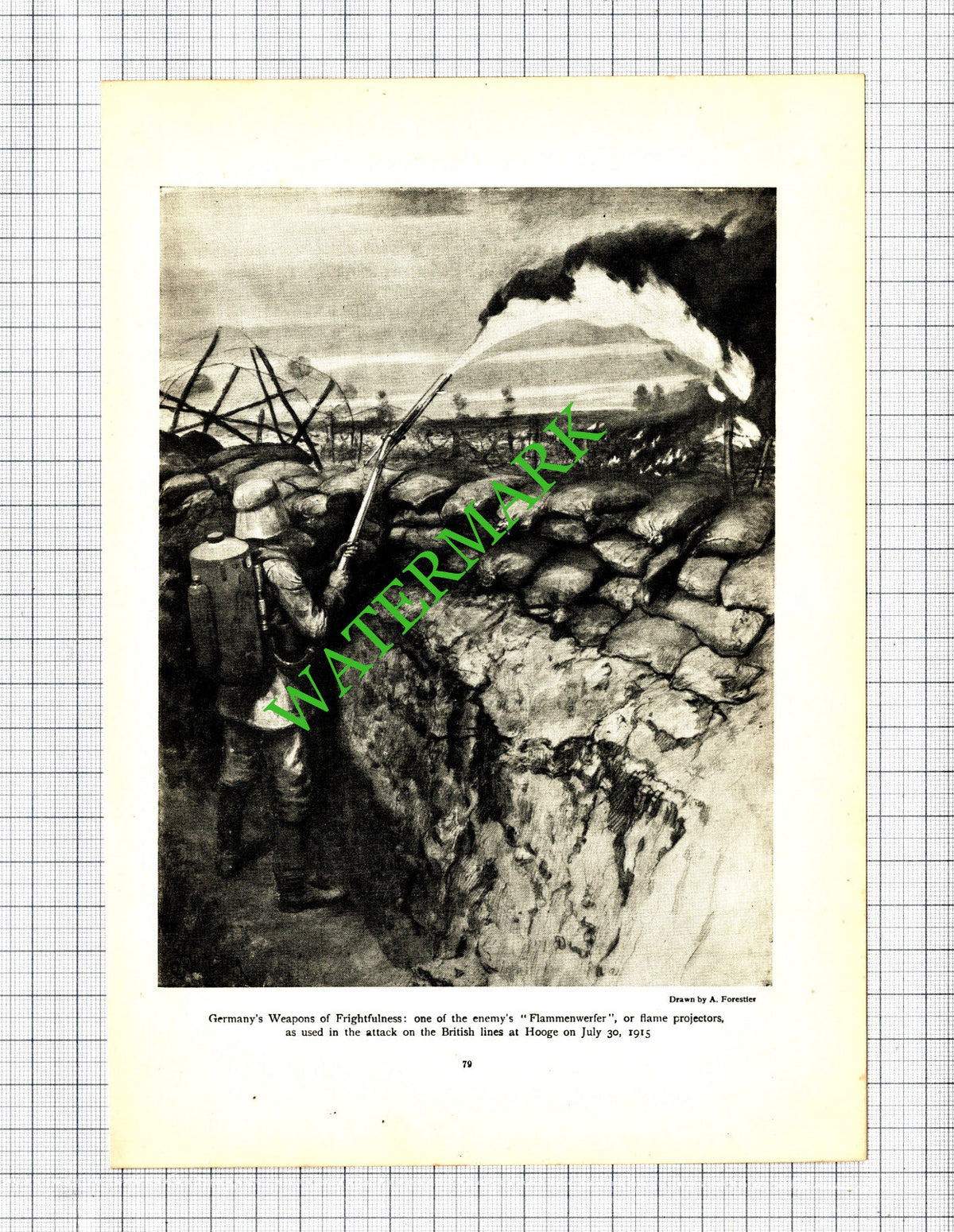 German Flammenwerfer Hooge Trenches WW1 Great War - c.1920 Cutting / Print