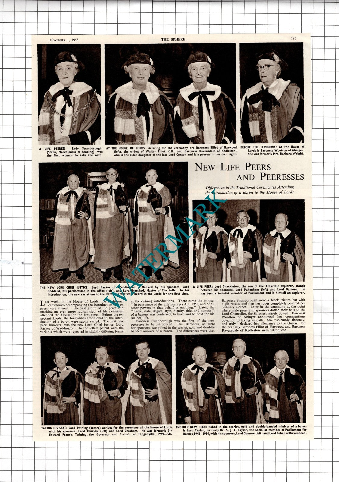Life Peers Lord Twining Lord Chesham Lady Swanborough Lord Ogmore - 1958 Article