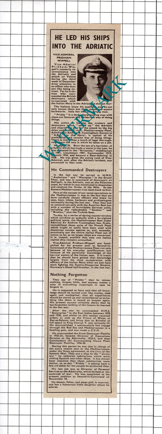 Vice Admiral Pridham-Wippell  WW2 World War Two  - 1940's Clipping