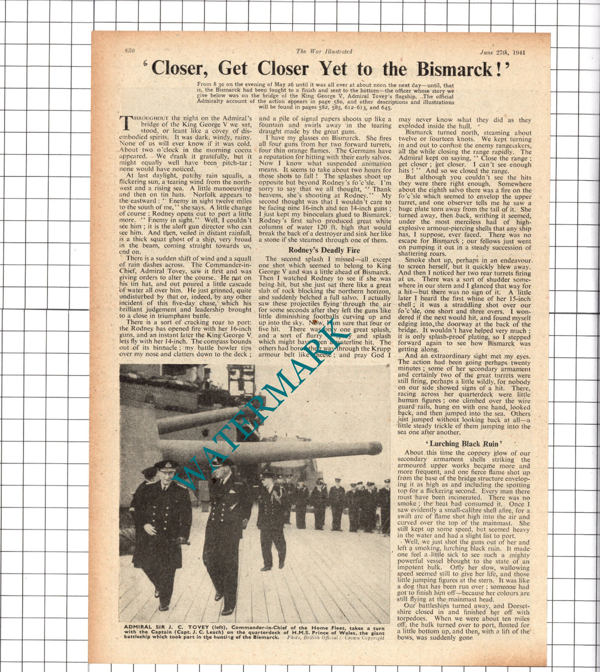 KING GEORGE V Ship Admiral Tovey World War Two  Bismarck  - 1941 Clipping