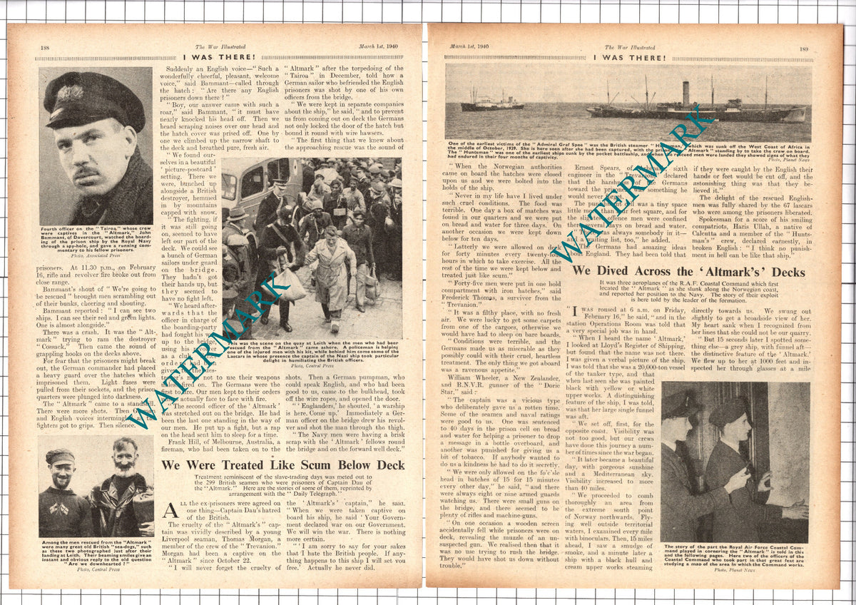 ALTMARK  COSSACK Ship Lt Com B T Turner World War Two WW2 -  1940 Article