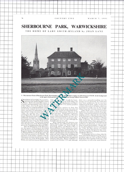 Sherbourne Park Warwickshire Lady Smith-Ryland   - 1991 Article