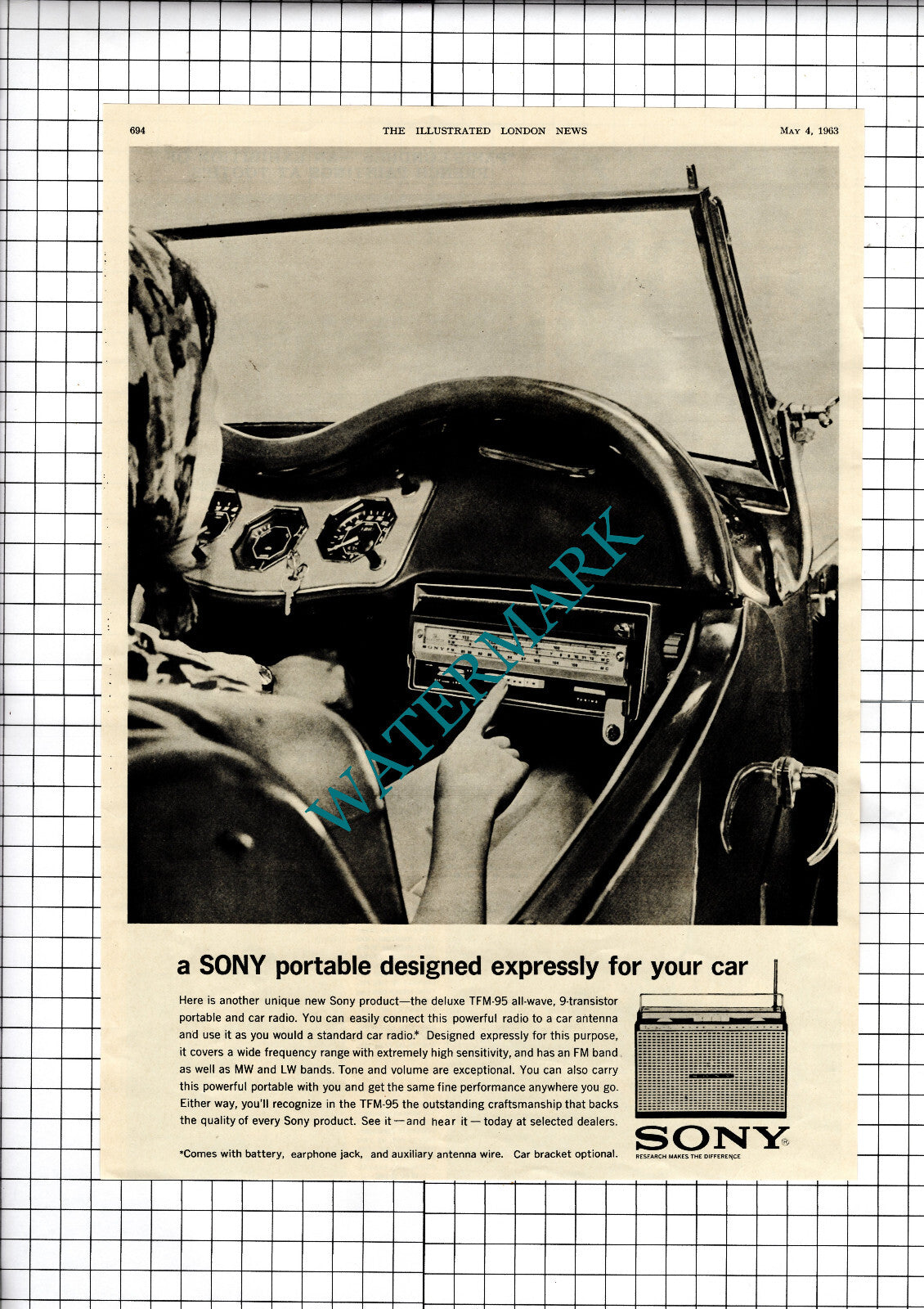 Sony Car Radio ADVERT - 1963 Cutting / Print