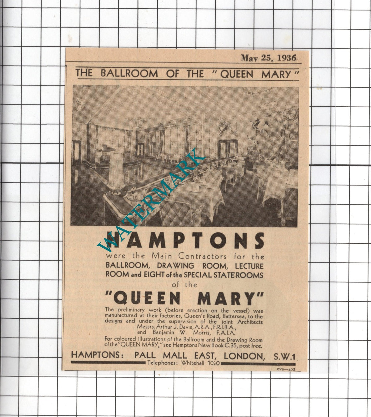 Hamptons Pall Mall East London RMS Queen Mary - 1936 Small Advert