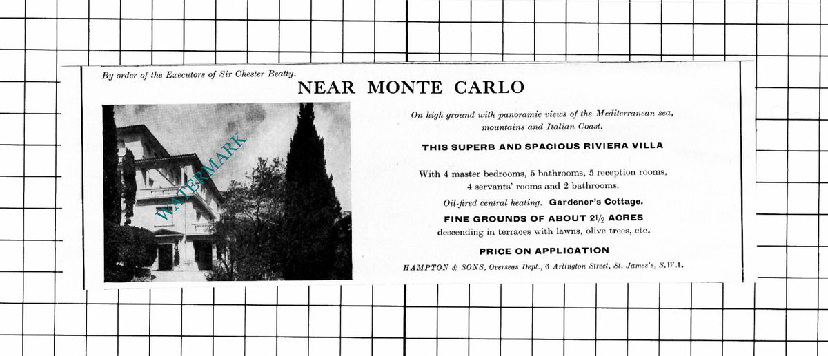 Sir Chester Beatty Monte Carlo House Sale Advert - 1969 Clipping / Print