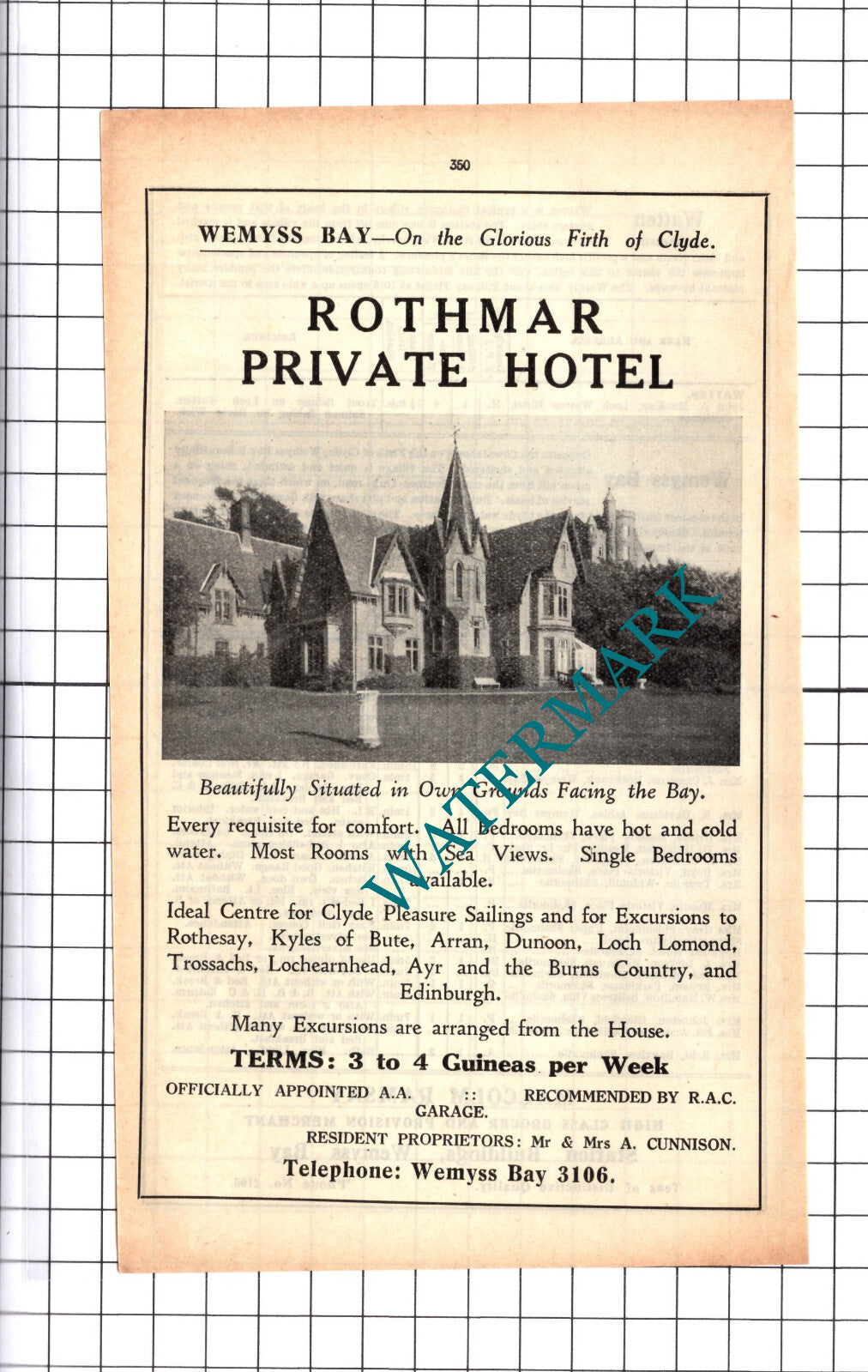 Rothmar Hotel Wemyss Bay Mr & Mrs Cunnison Advert   - 1939 Cutting