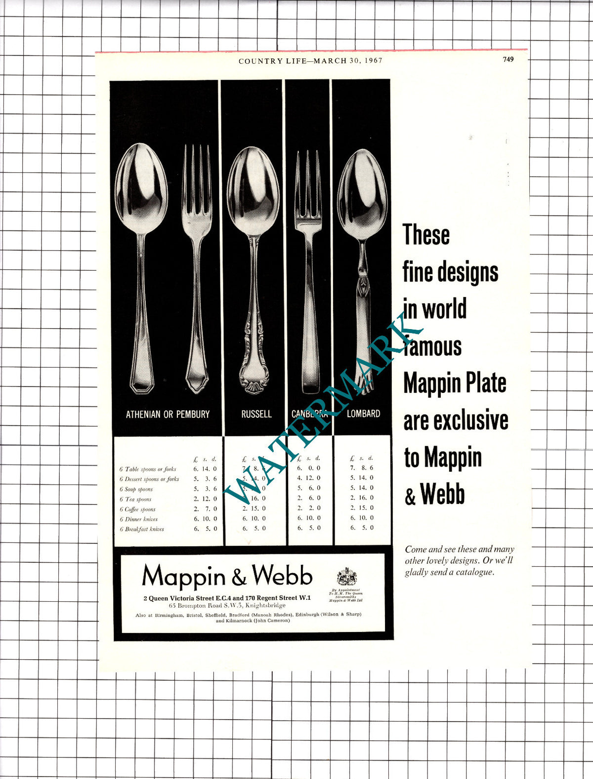 Mappin & Webb Cutlery Advert -  1967 Cutting / Print