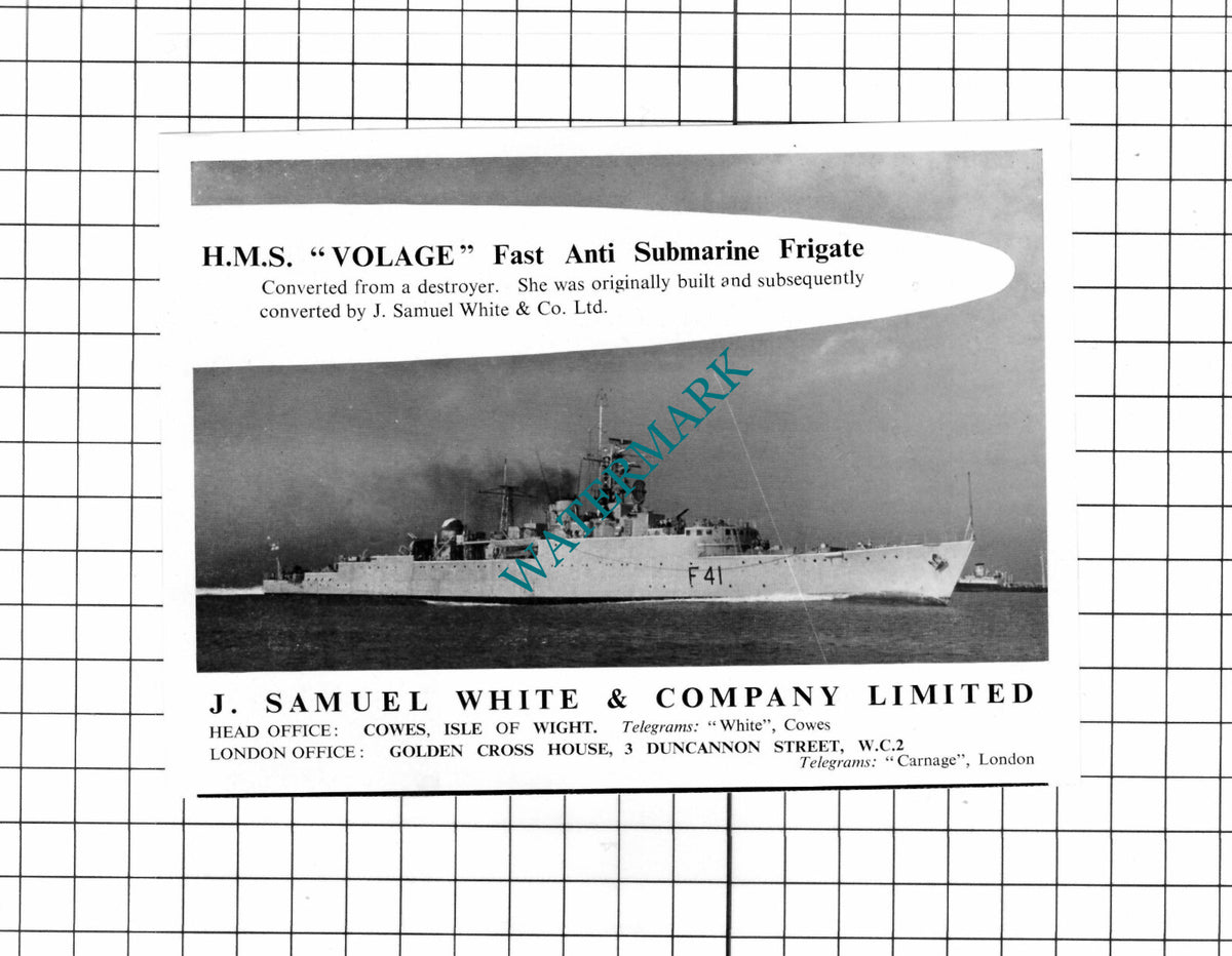 HMS VOLAGE J Samuel White & Company Ltd ADVERT - 1960 Clipping / Print