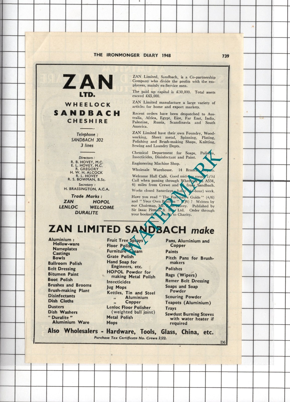 Zan Ltd Wheelock Sandback Cheshire - 1948 Small Advert
