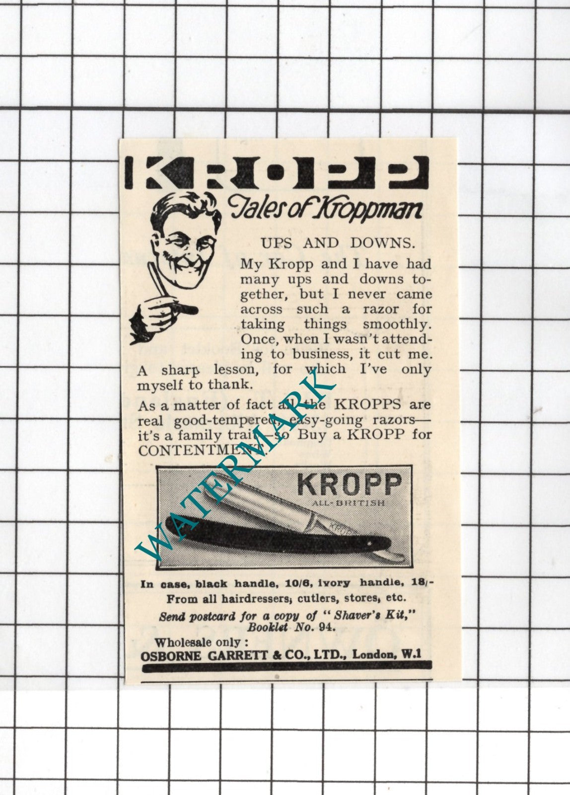 Kropp Razor ADVERT Osborne Garrett & Co Ltd London  - 1926 SMALL Advert