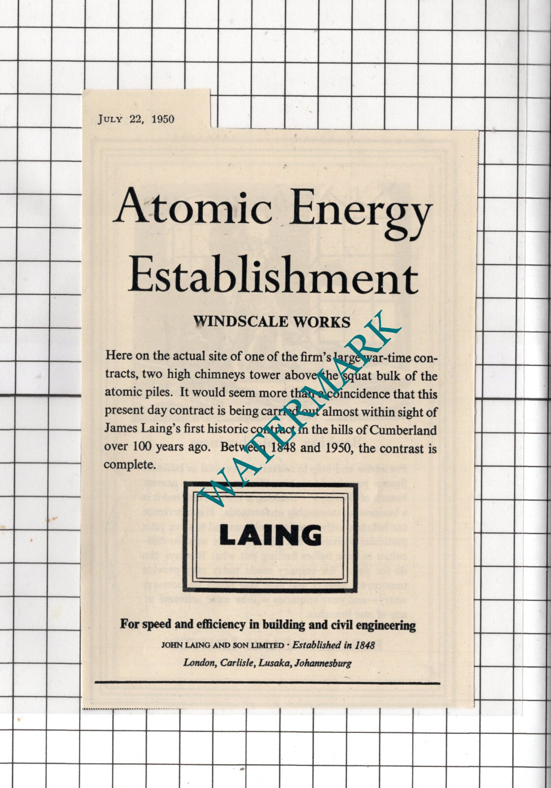 Barclays Bank Advert / Laing Windscale Works Advert - 1950 SMALL Cutting