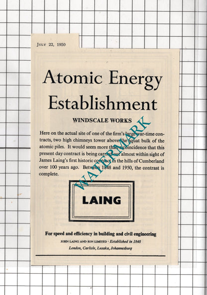Barclays Bank Advert / Laing Windscale Works Advert - 1950 SMALL Cutting