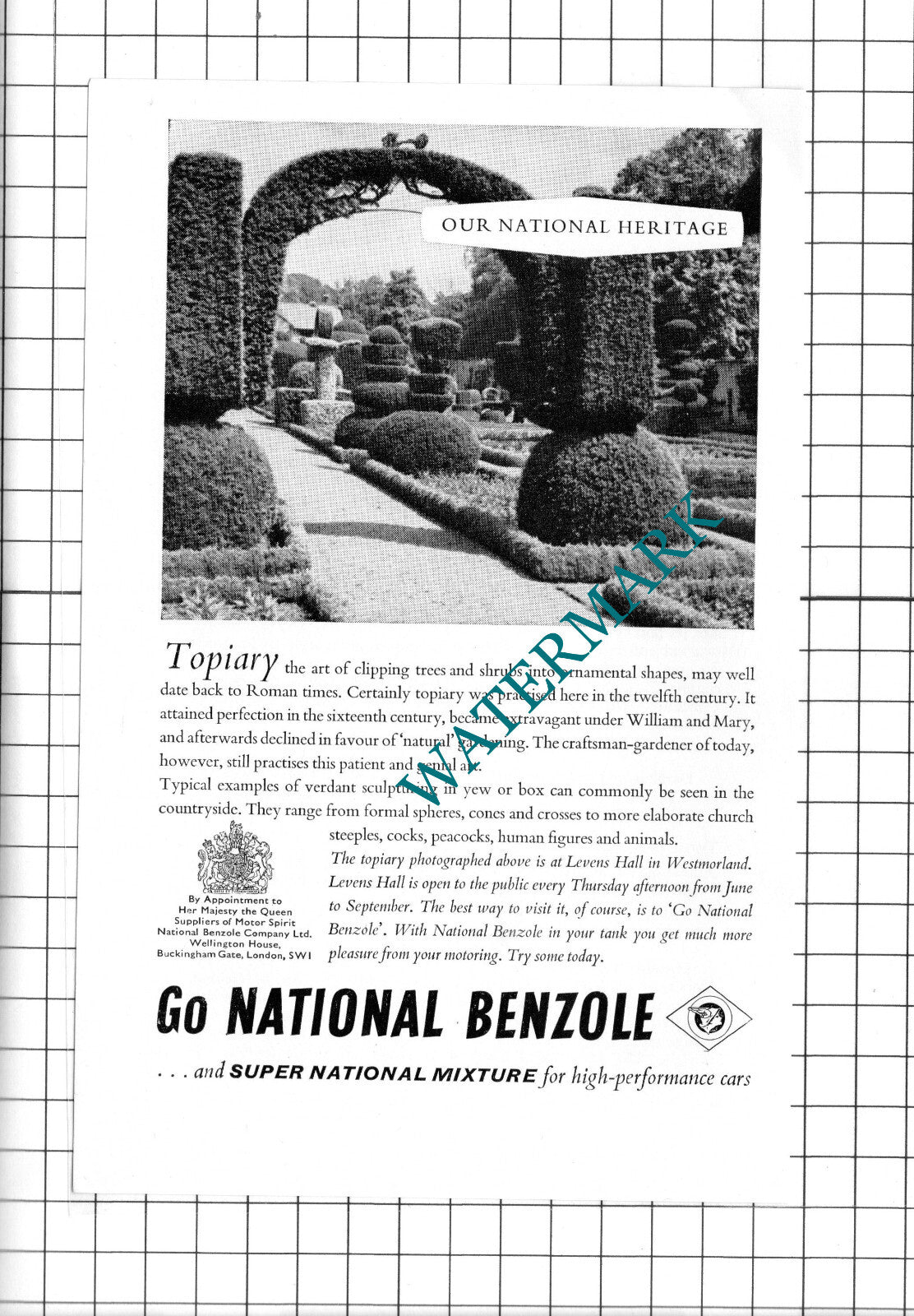 National Benzole Levens Hall Advert - c.1960's Clipping / Print