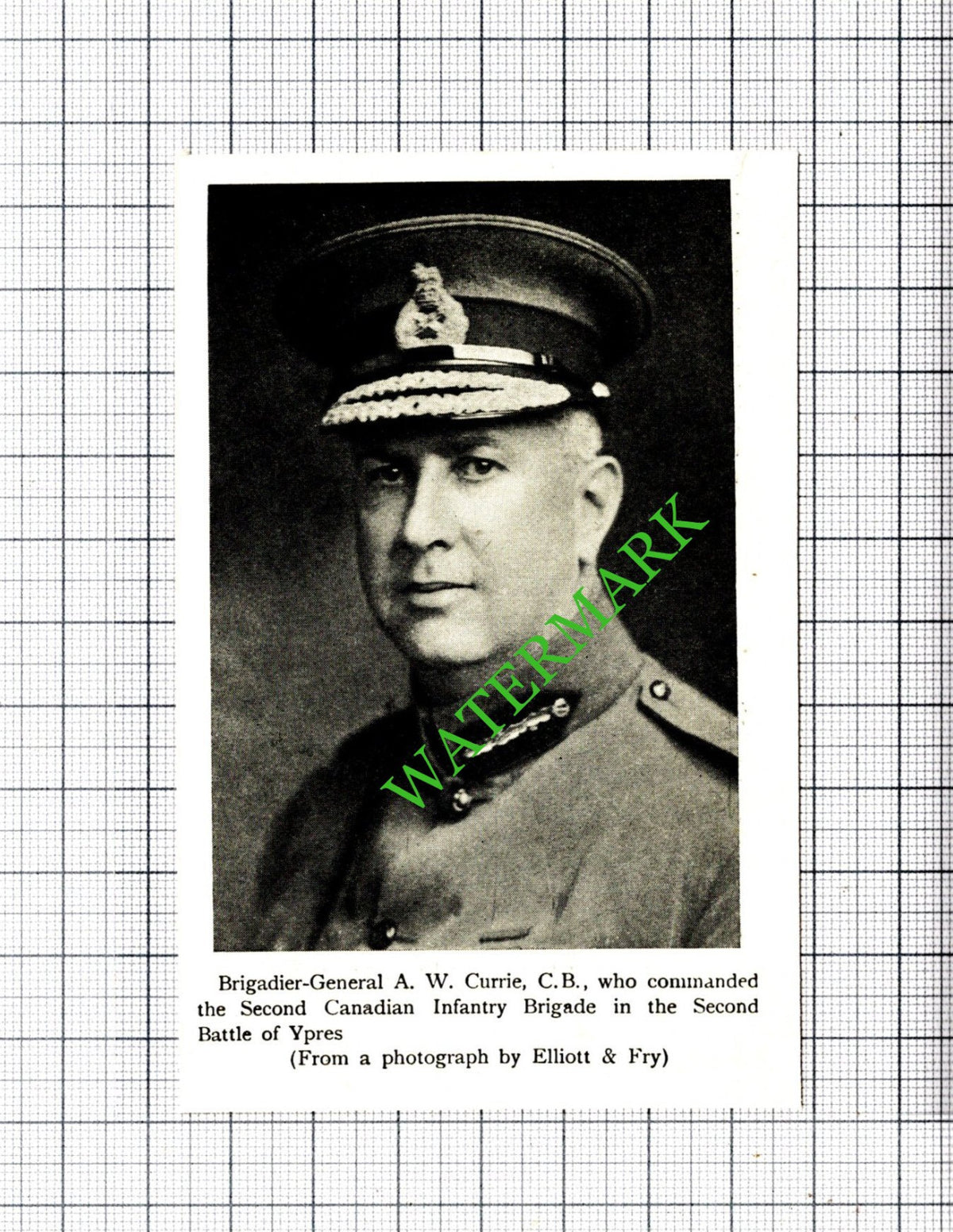 Brig Gen A W Currie Second Canadian Infantry  Great War - c.1920 Small Cutting