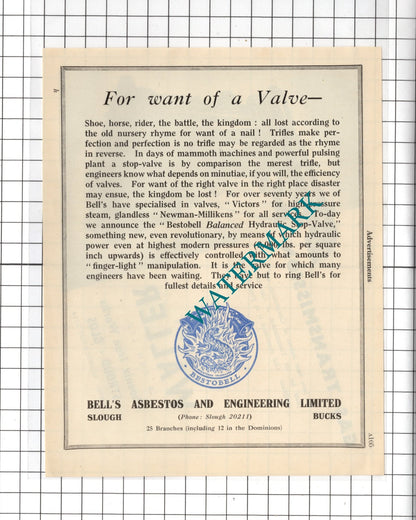 George Waller & Son Ltd Stroud  Bell's Asbestos & Engineering Slough 1951 Advert