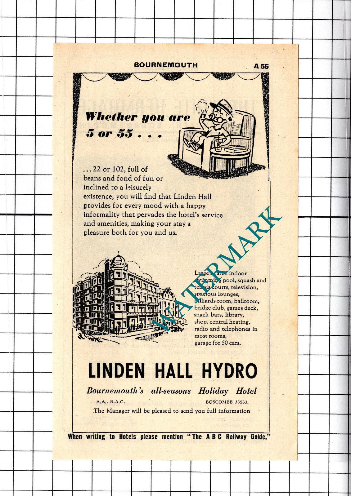 The White Hermitage Hotel Bournemouth / Linden Hall Hydro Advert - 1958 Cutting