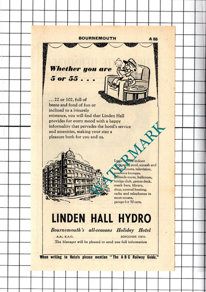 The White Hermitage Hotel Bournemouth / Linden Hall Hydro Advert - 1958 Cutting