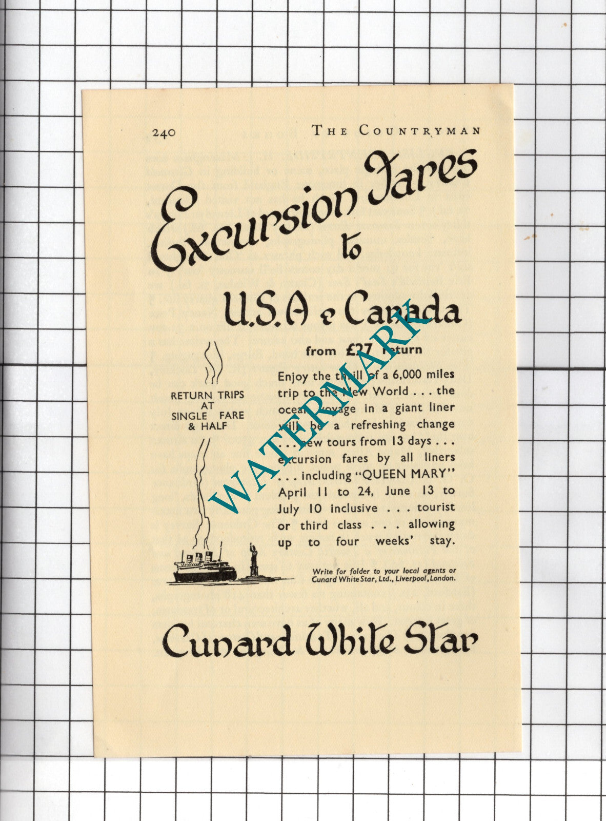 Cunard White Star ADVERT - 1938 Small Advert