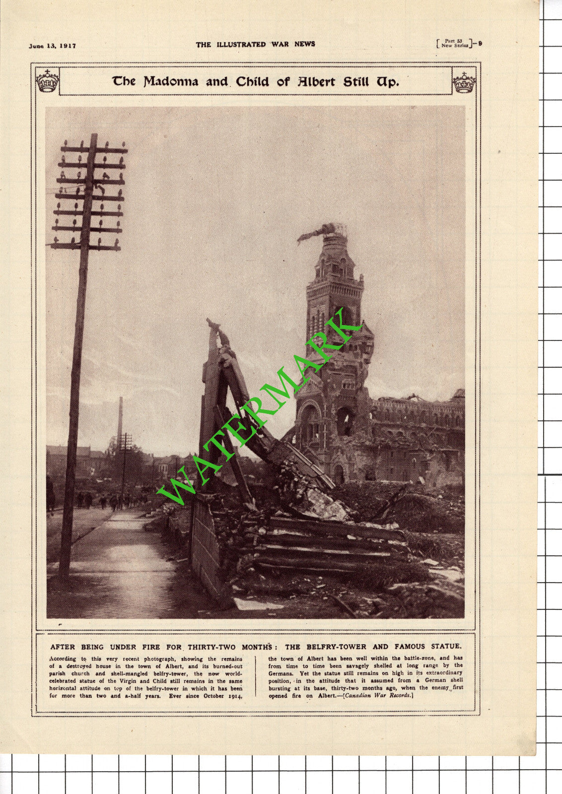 Church Albert Artois France  Great War WW1 - 1917 Cutting