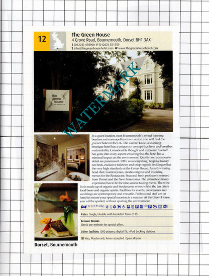 Palace Hotel Torquay Devon / The Green House Bournemouth Dorset -  2011 Advert