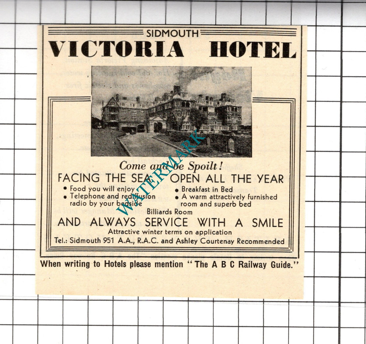 Victoria Hotel Sidmouth Small Advert - 1958 Cutting