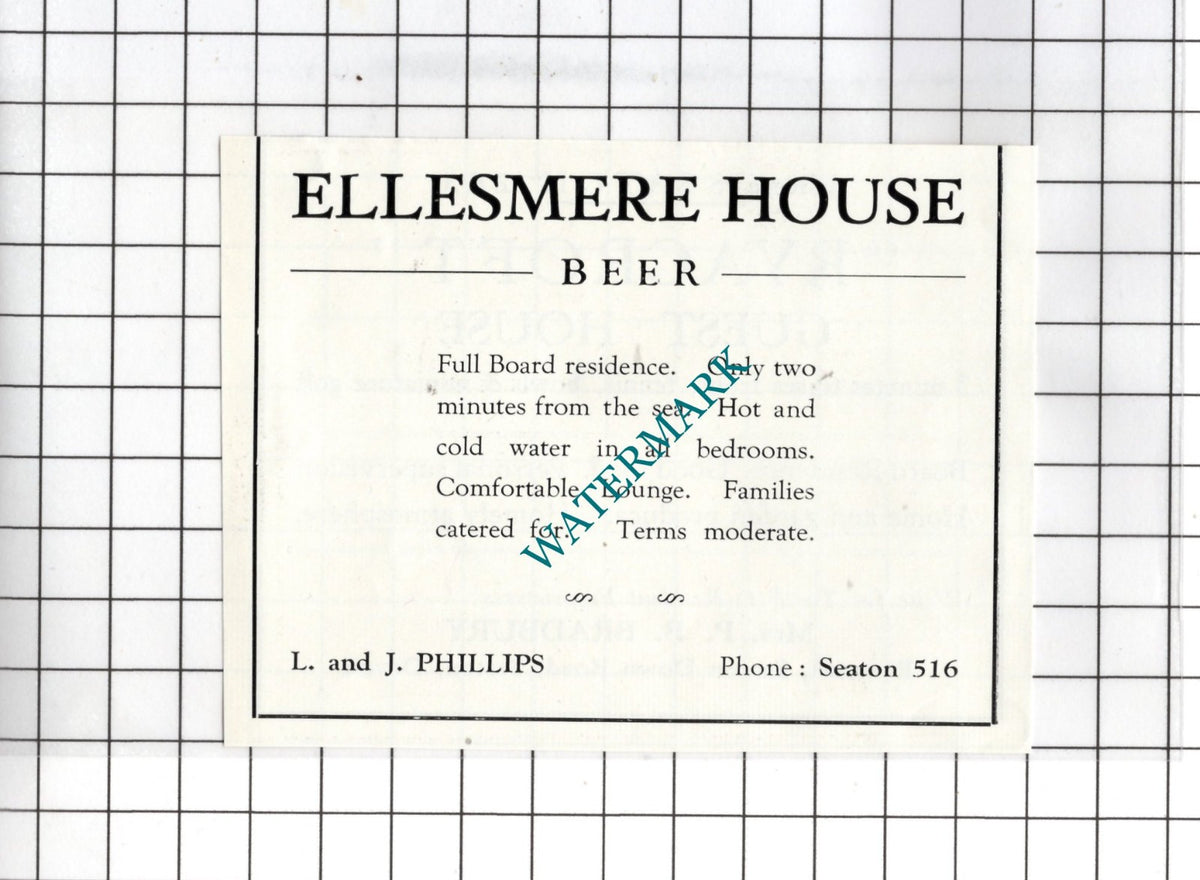 Ryacroft Guest House Seaton Devon / Ellesmere House Beer -  c.1954 Small Advert