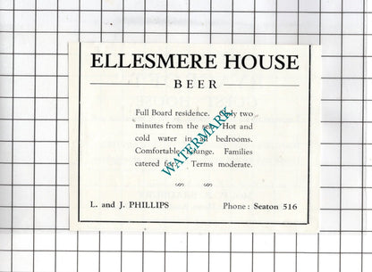 Ryacroft Guest House Seaton Devon / Ellesmere House Beer -  c.1954 Small Advert