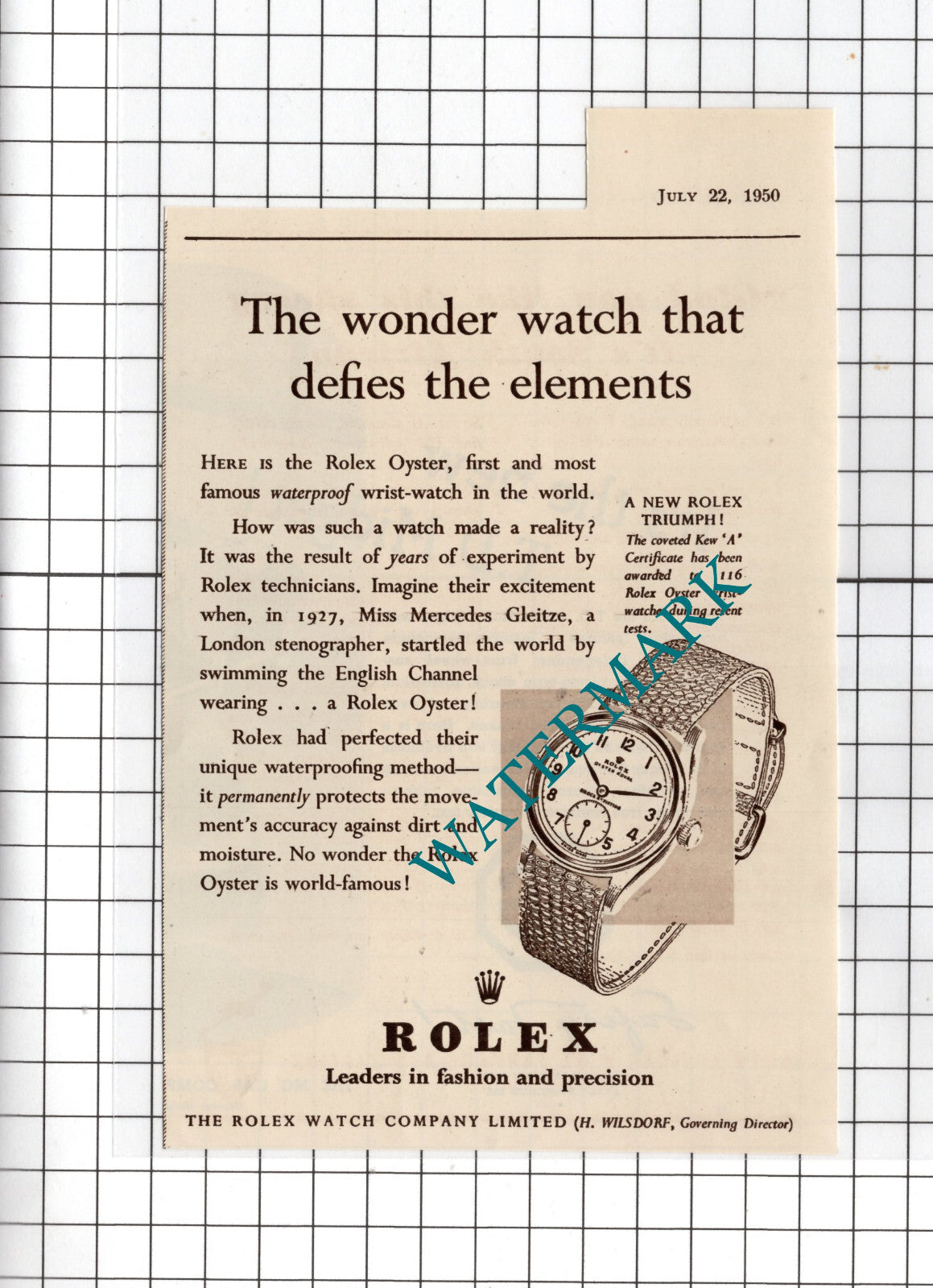 Rolex Oyster Watch Advert Miss Mercedes Gleitze - 1950 Small Cutting