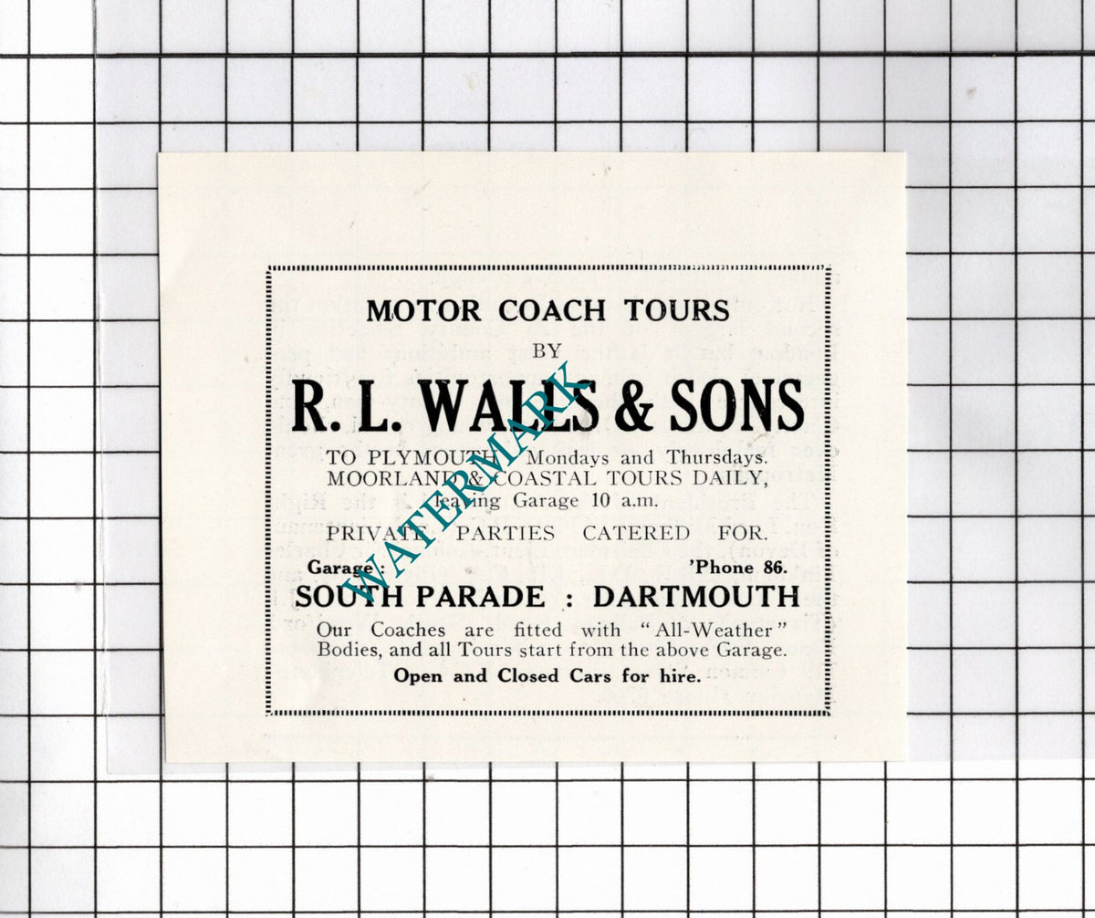 R L Walls & Sons Motor Coach Tours Dartmouth Devon   - c.1940's Small Advert