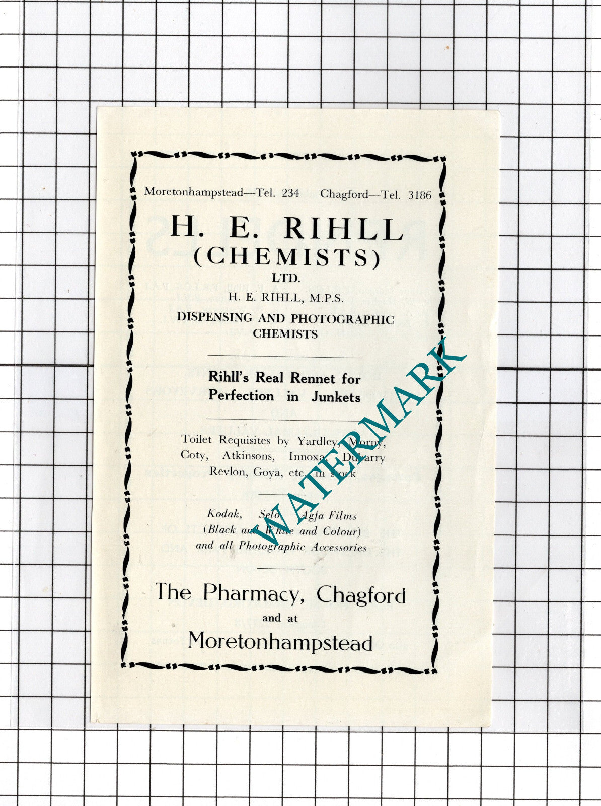 H E Rihll Chemists Ltd Chagford Devon / Rendells Estate Agents  -c.1940s Advert