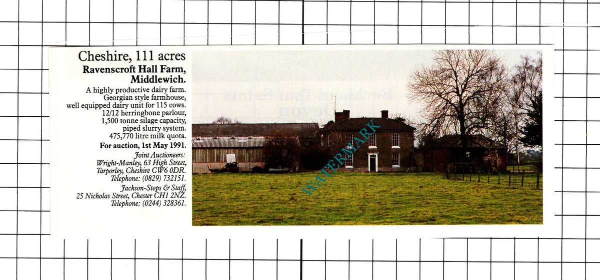 Ravenscroft Hall Farm Middlewich Cheshire  Sale Advert - 1991 Clipping / Print
