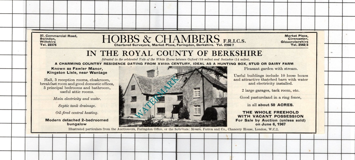 Fawler Manor Kingston Lisle Berkshire  - 1967 House Sale Advert