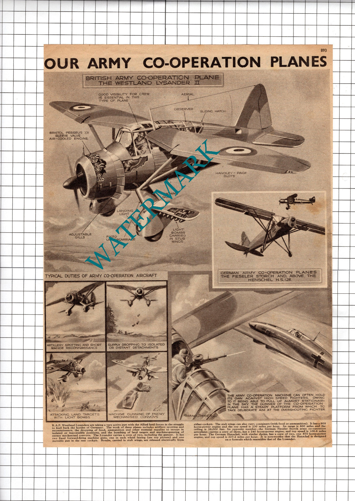 RAF Westland Lysander Planes World War Two WW2 Army Co-operation - 1940 Cutting