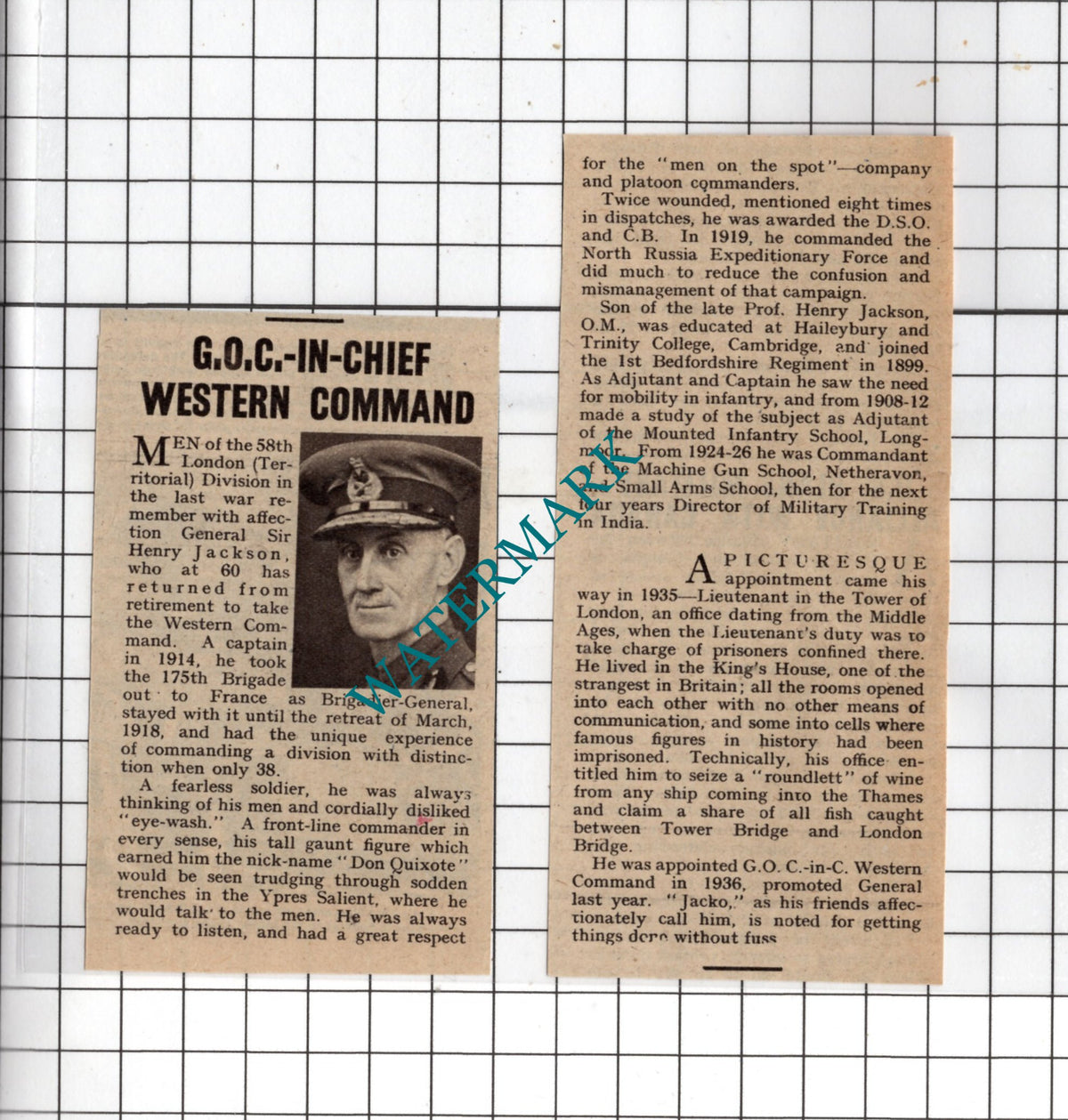 General Sir Henry Jackson WW2 - 1940 2-Part News Clipping