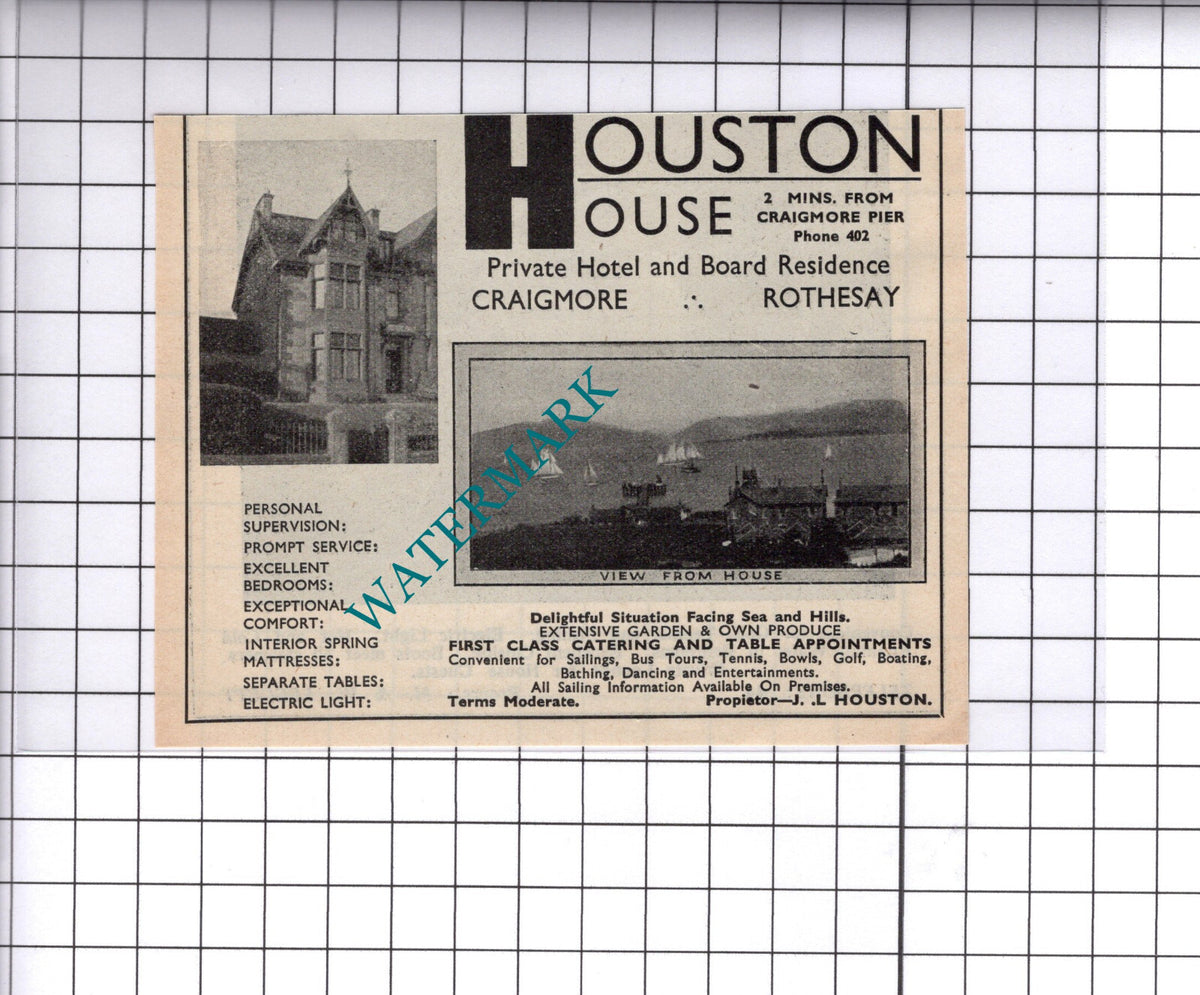 Houston House Craigmore Rothesay JL Houston Small Advert - 1939 Cutting/ Print