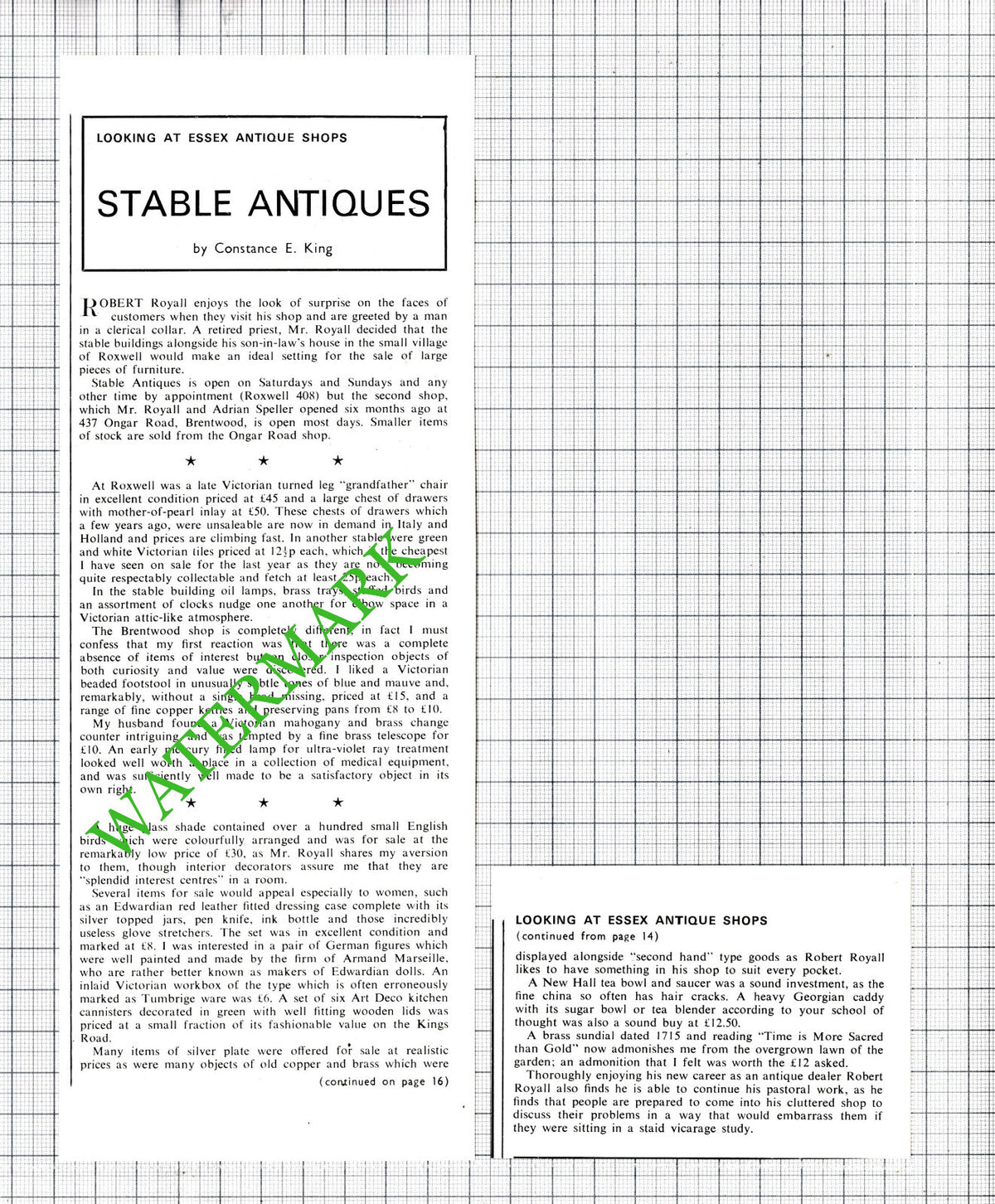 Robert Royall Stable Antiques Roxwell Essex - 1972 Two-Part Cutting