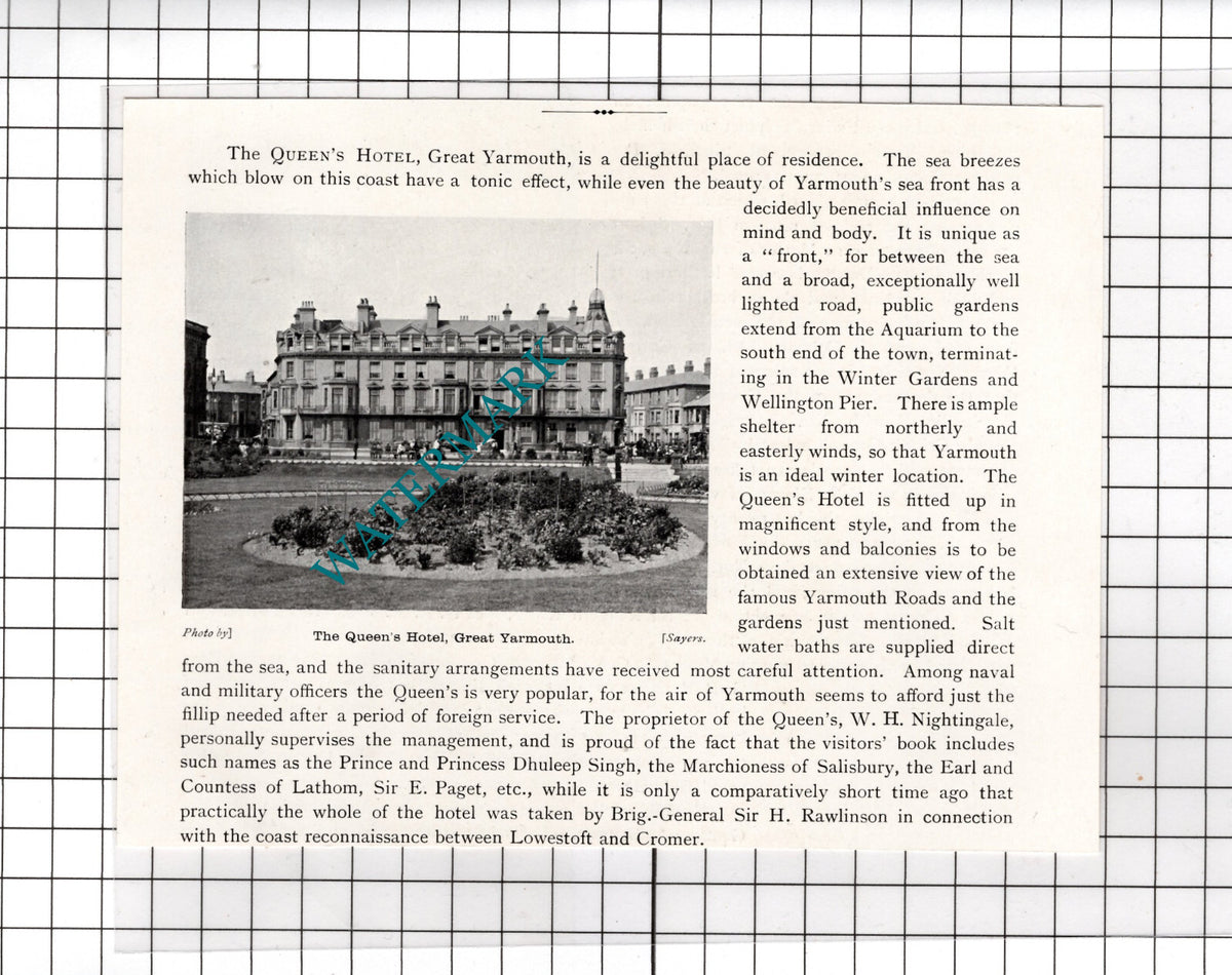 The Queen's Hotel Great Yarmouth Norfolk W H Nightingale  - 1911 Cutting