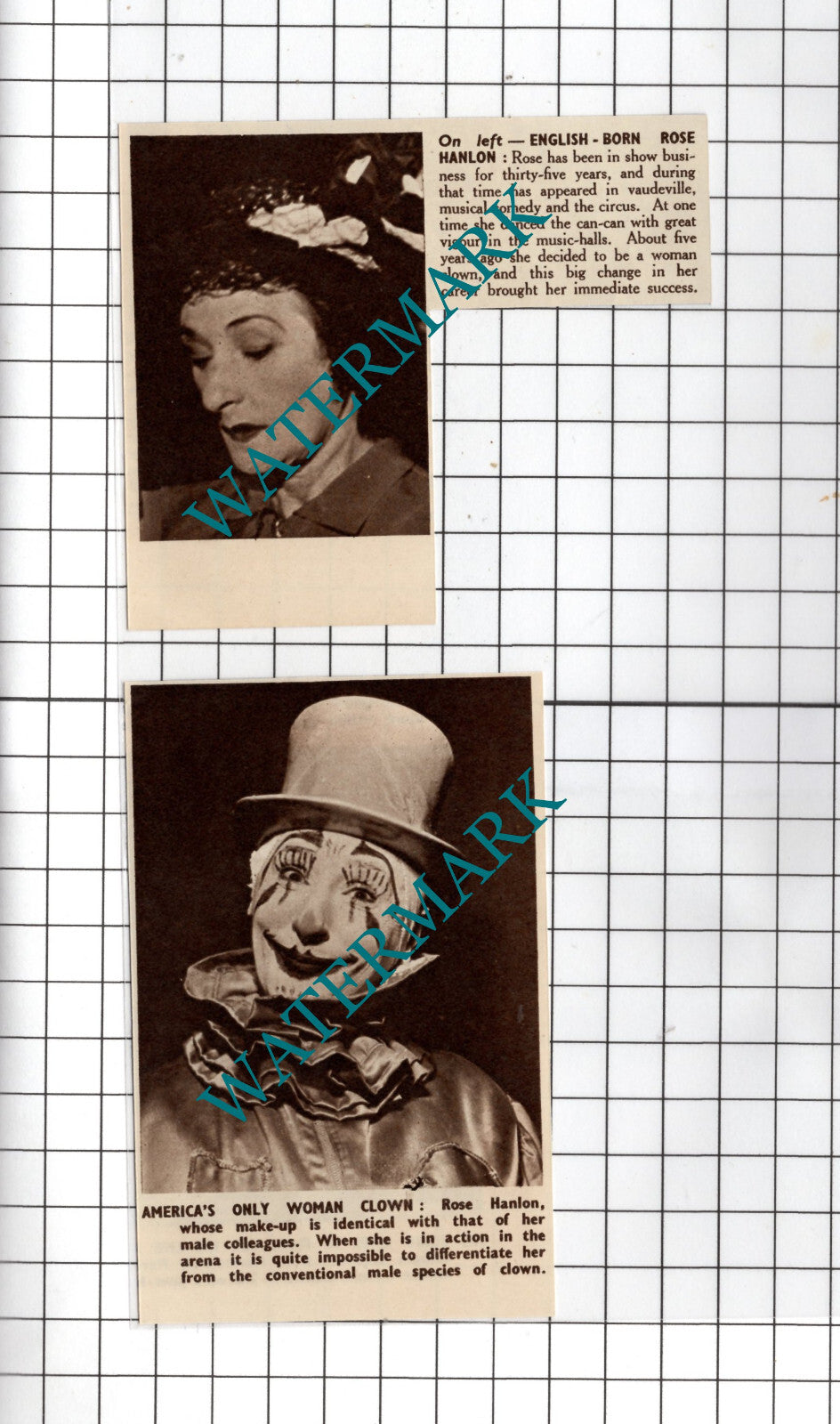 Rose Hanlon Circus Clown  -   1950 Two-Part Cutting