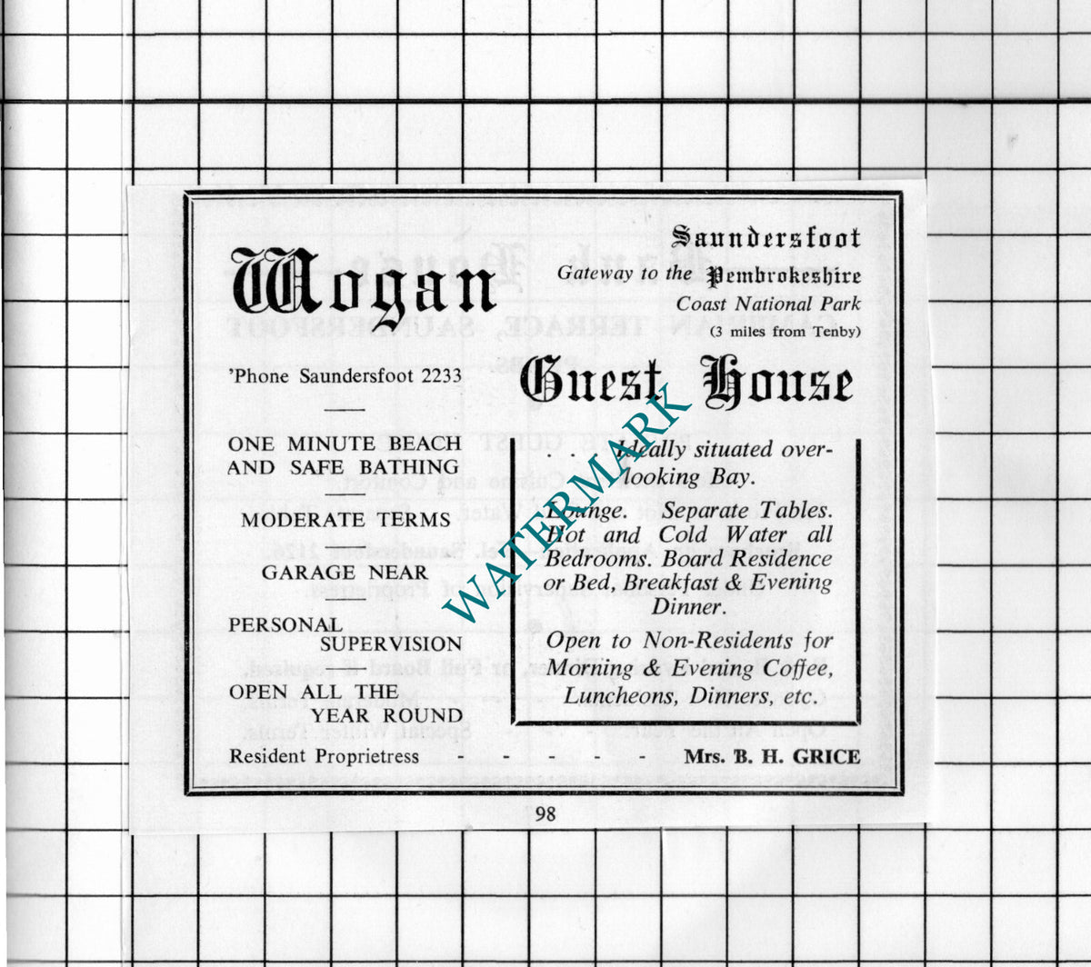 Bank House Saundersfoot Wales / Wogan Guest House Mrs Grice- 1962 Small Advert