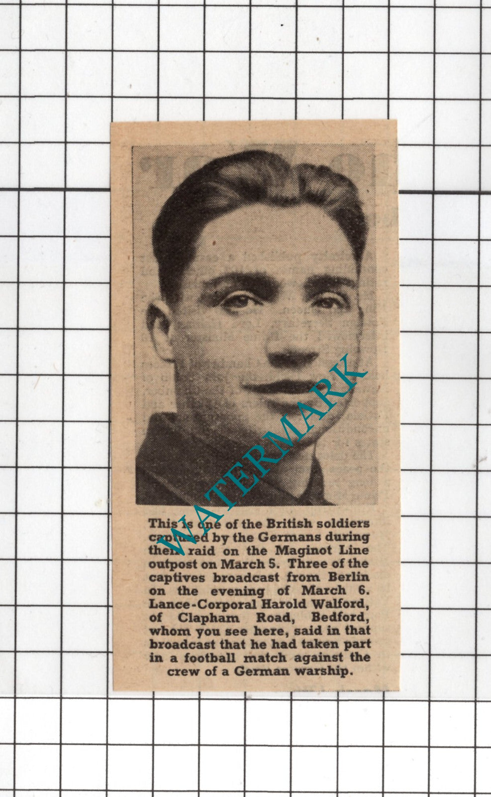 Lance-Corporal Harold Walford Bedford WW2 - 1940 Small News Clipping