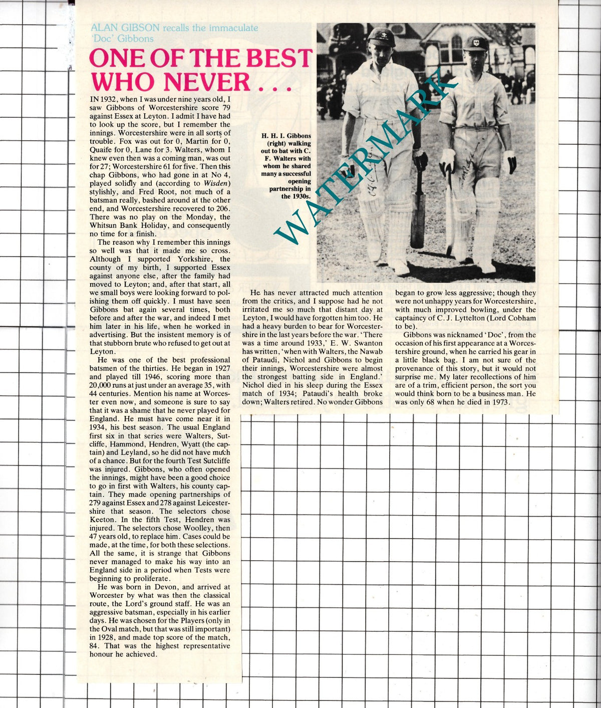 Doc Gibbons Cricketer Cricket - 1982 Clipping