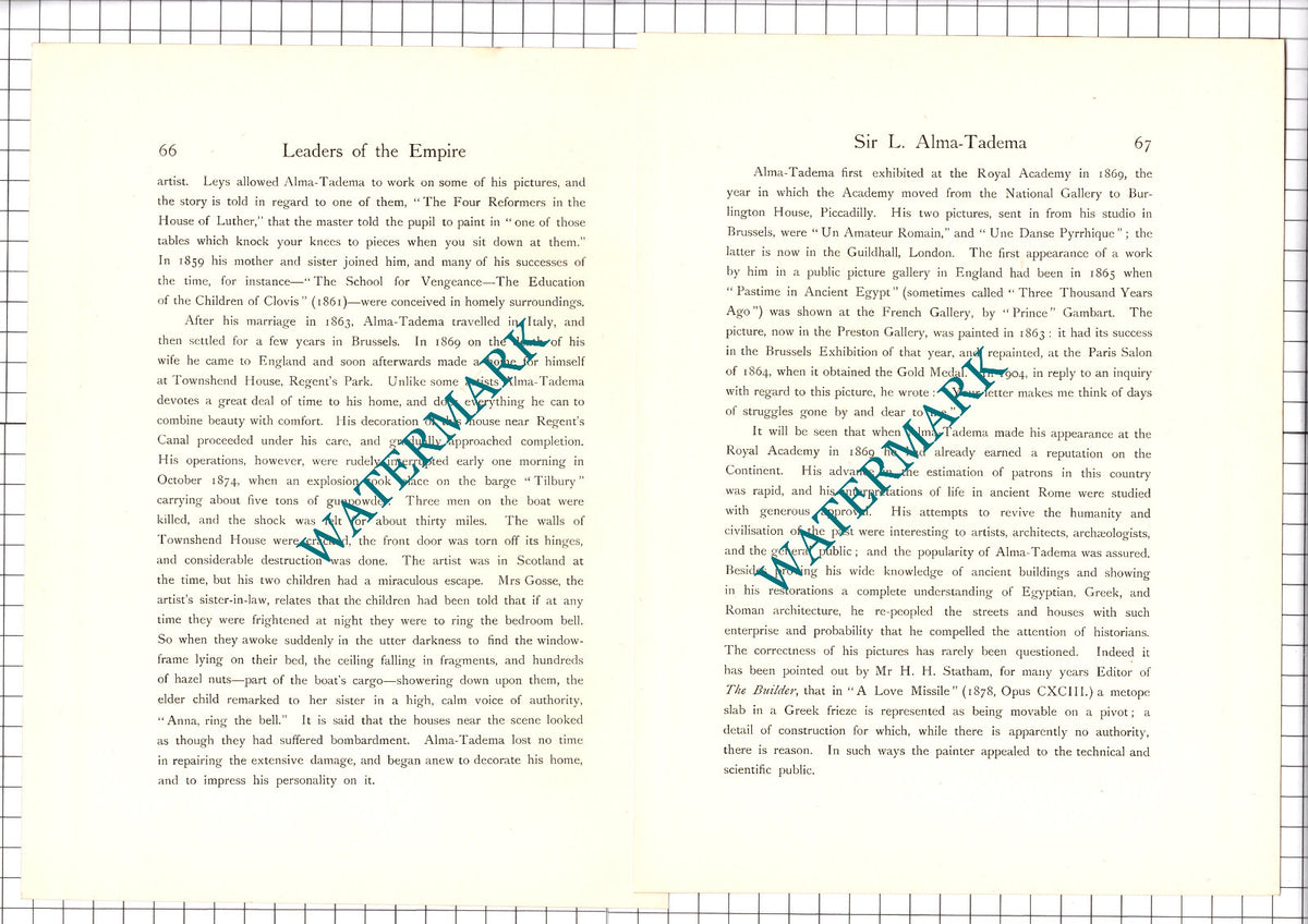 Sir Lourens Alma-Tadema  -- c.1920 Print / Article